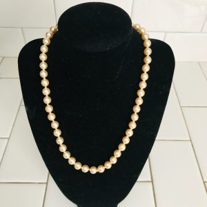 Vintage Nolan Miller Faux Pearl Necklace beautiful luster with crystal button clasp gold tone metal