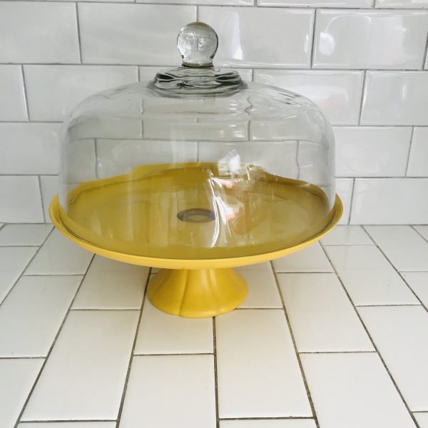 Vintage Cake Stand Plate with Dome Pedestal 12" display collectible Golden yellow contemporary color