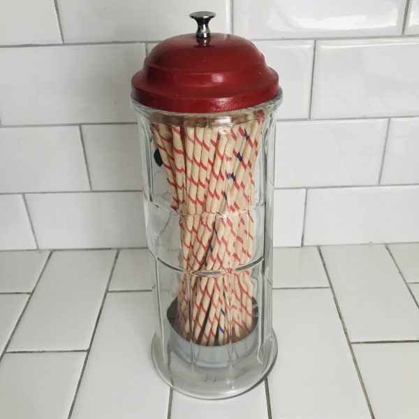 Vintage glass straw dispenser holder with striped paper straws dimestore counter display holder red lid