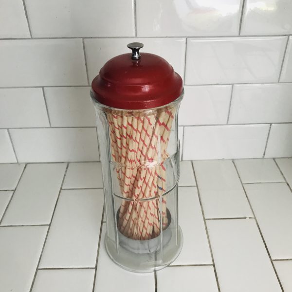 Vintage glass straw dispenser holder with striped paper straws dimestore counter display holder red lid