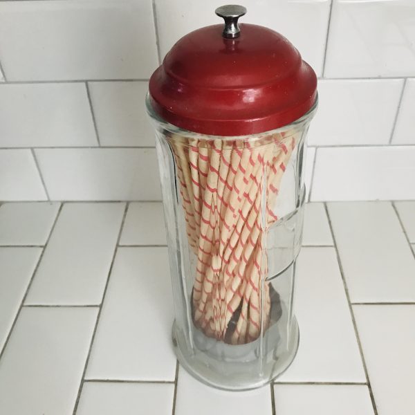 Vintage glass straw dispenser holder with striped paper straws dimestore counter display holder red lid