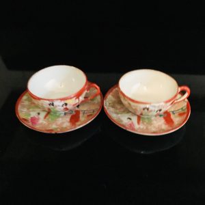 Antique Japanese demitasse tea cup and saucers red paint and fine bone china Collectible display Asian design