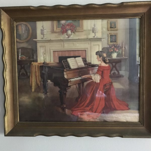 Vintage Beautiful Print of Victorian woman playing piano fantastic detail large print framed under glass farmhouse antique design