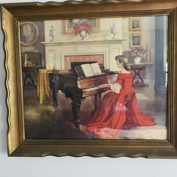 Vintage Beautiful Print of Victorian woman playing piano fantastic detail large print framed under glass farmhouse antique design