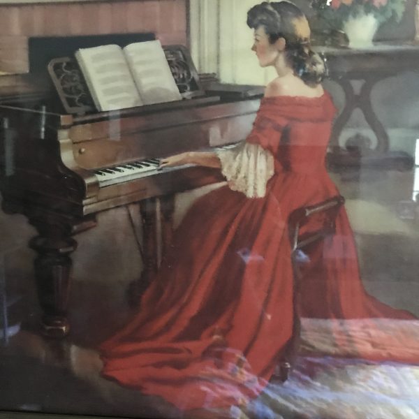 Vintage Beautiful Print of Victorian woman playing piano fantastic detail large print framed under glass farmhouse antique design