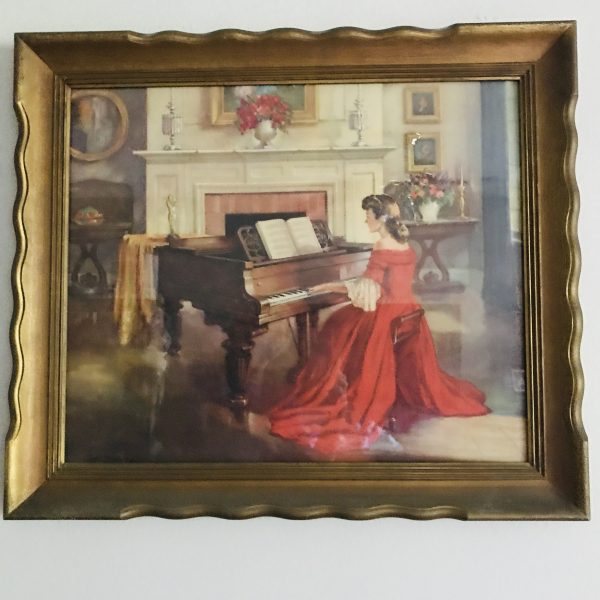 Vintage Beautiful Print of Victorian woman playing piano fantastic detail large print framed under glass farmhouse antique design