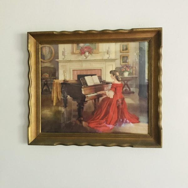 Vintage Beautiful Print of Victorian woman playing piano fantastic detail large print framed under glass farmhouse antique design