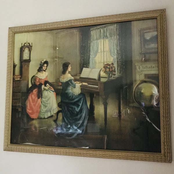 Vintage Beautiful Print of Victorian women playing piano & listening fantastic detail large framed under glass farmhouse antique design