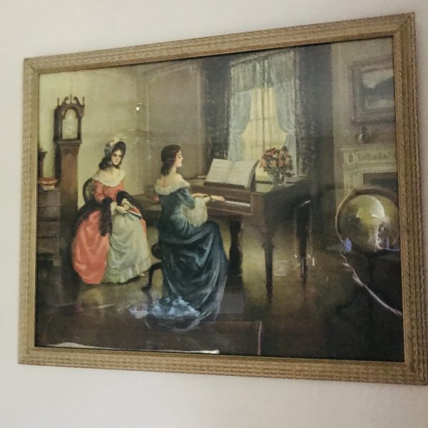 Vintage Beautiful Print of Victorian women playing piano & listening fantastic detail large framed under glass farmhouse antique design