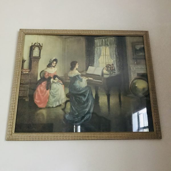 Vintage Beautiful Print of Victorian women playing piano & listening fantastic detail large framed under glass farmhouse antique design