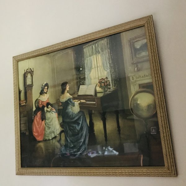 Vintage Beautiful Print of Victorian women playing piano & listening fantastic detail large framed under glass farmhouse antique design