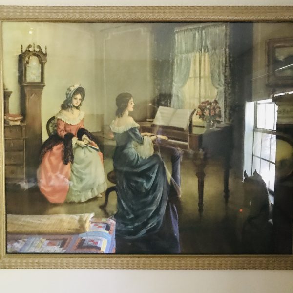 Vintage Beautiful Print of Victorian women playing piano & listening fantastic detail large framed under glass farmhouse antique design