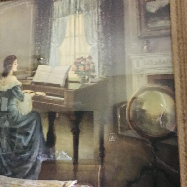 Vintage Beautiful Print of Victorian women playing piano & listening fantastic detail large framed under glass farmhouse antique design