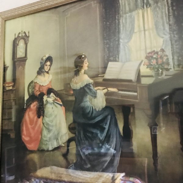 Vintage Beautiful Print of Victorian women playing piano & listening fantastic detail large framed under glass farmhouse antique design