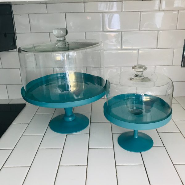 Vintage Cake & Torte or Cupcake Stand Vintage Teal Plates with Domes Blown Glass Pedestal display collectible contemporary kitchen color