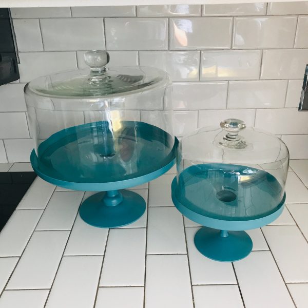 Vintage Cake & Torte or Cupcake Stand Vintage Teal Plates with Domes Blown Glass Pedestal display collectible contemporary kitchen color