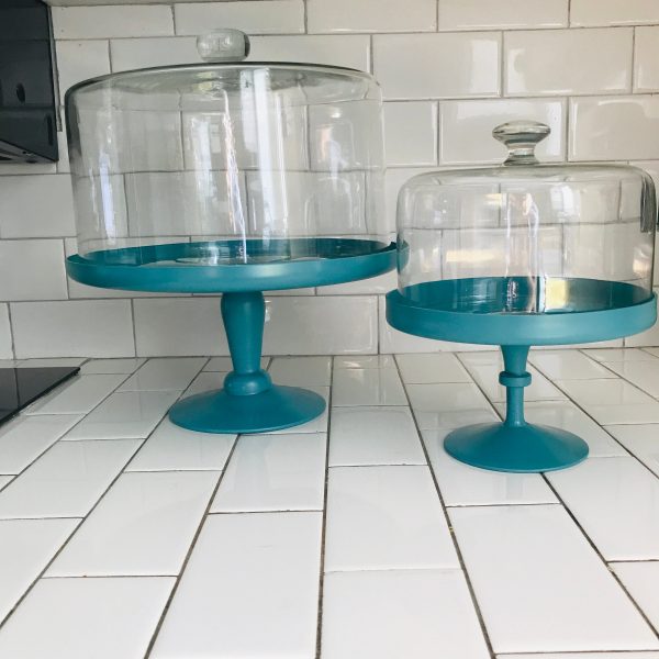 Vintage Cake & Torte or Cupcake Stand Vintage Teal Plates with Domes Blown Glass Pedestal display collectible contemporary kitchen color