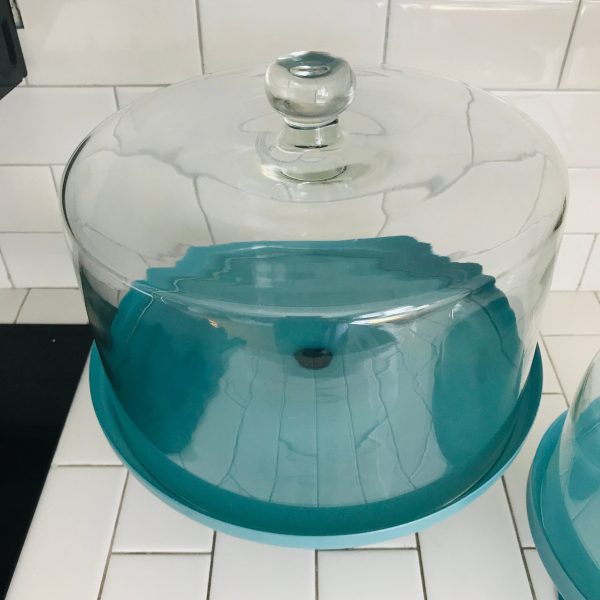 Vintage Cake & Torte or Cupcake Stand Vintage Teal Plates with Domes Blown Glass Pedestal display collectible contemporary kitchen color