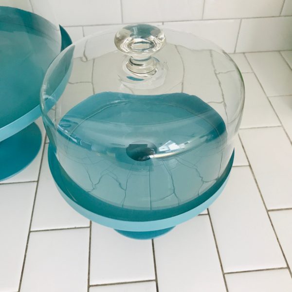 Vintage Cake & Torte or Cupcake Stand Vintage Teal Plates with Domes Blown Glass Pedestal display collectible contemporary kitchen color