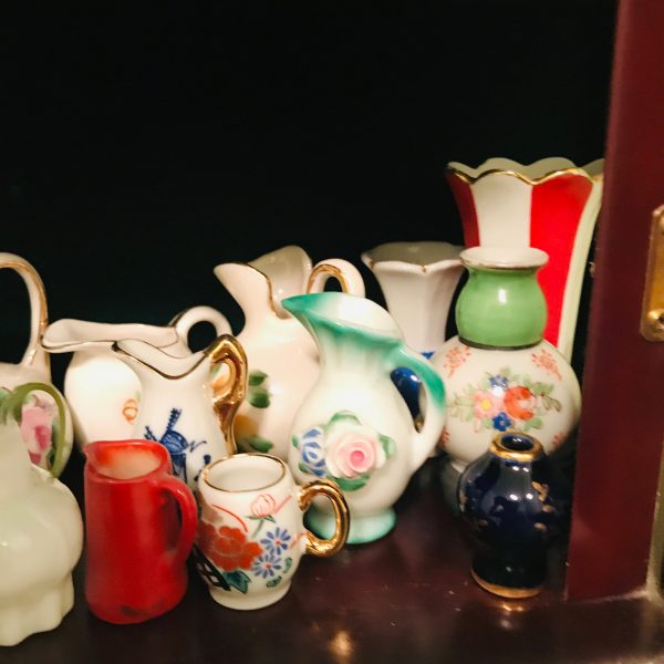 Vintage Curio cabinet wall haning or sitting with huge Miniature collection Vases and Ewers Pitchers display trinkets collectibles