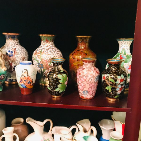 Vintage Curio cabinet wall haning or sitting with huge Miniature collection Vases and Ewers Pitchers display trinkets collectibles