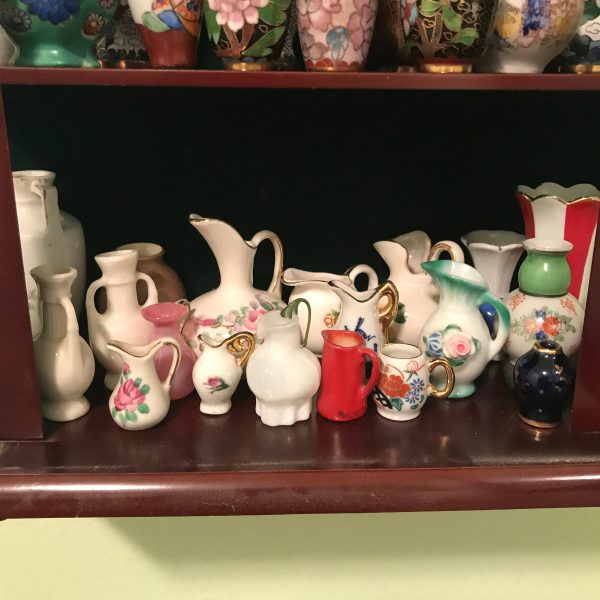 Vintage Curio cabinet wall haning or sitting with huge Miniature collection Vases and Ewers Pitchers display trinkets collectibles