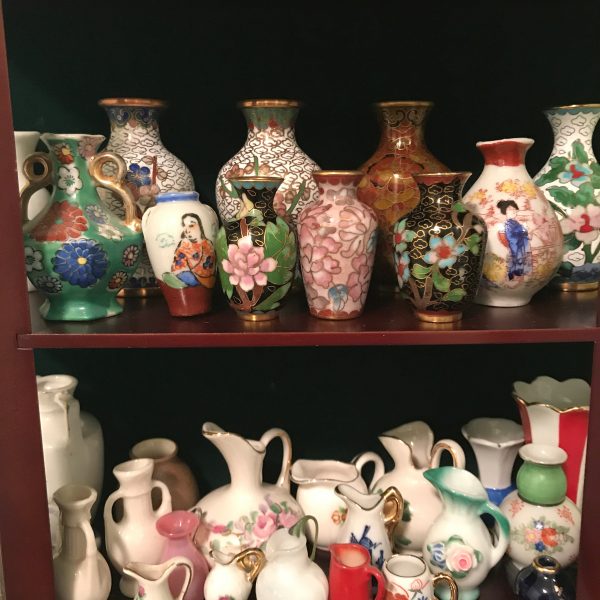 Vintage Curio cabinet wall haning or sitting with huge Miniature collection Vases and Ewers Pitchers display trinkets collectibles