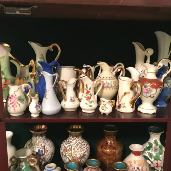 Vintage Curio cabinet wall haning or sitting with huge Miniature collection Vases and Ewers Pitchers display trinkets collectibles