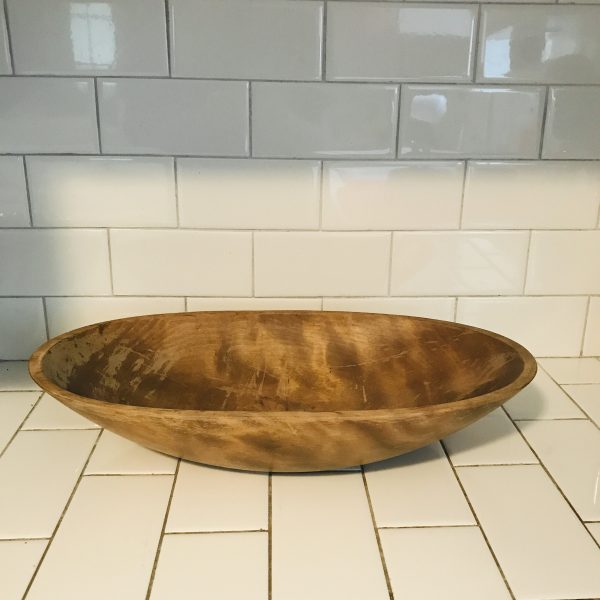 Vintage Large Oval Dough Bowl hand made wood collectible display farmhouse decor primitive with character Unique shape