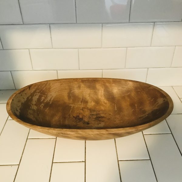 Vintage Large Oval Dough Bowl hand made wood collectible display farmhouse decor primitive with character Unique shape