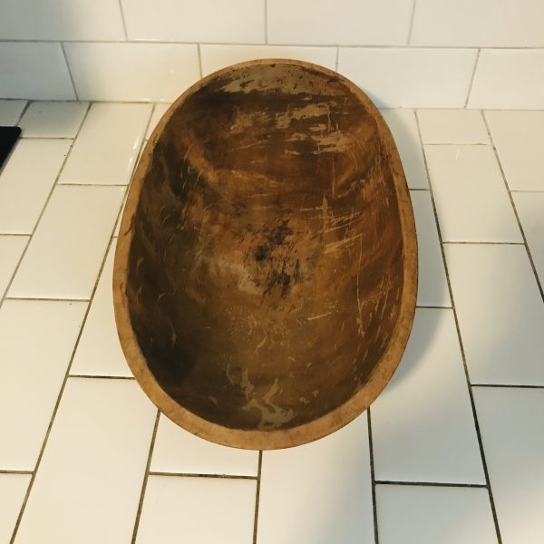 Vintage Large Oval Dough Bowl hand made wood collectible display farmhouse decor primitive with character Unique shape