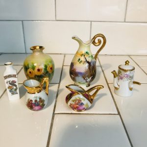 Vintage Miniature vases ewers & chocolate pot fine quality Limoges courting couples wedgwood and more hand painted