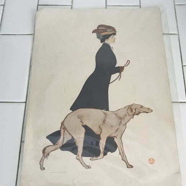 Vintage print Art Deco Woman with Greyhound collectible wall decor unframed 10 1/2 x 14 farmhouse 1930's The morning stroll