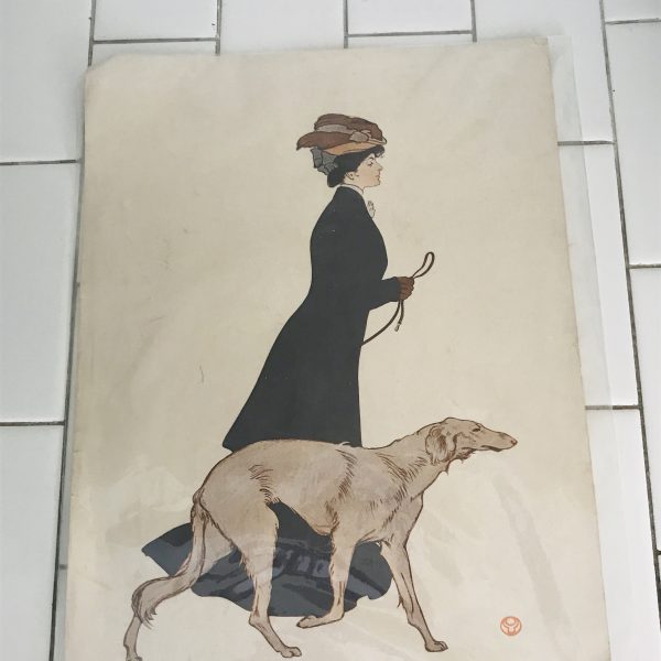 Vintage print Art Deco Woman with Greyhound collectible wall decor unframed 10 1/2 x 14 farmhouse 1930's The morning stroll