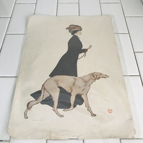 Vintage print Art Deco Woman with Greyhound collectible wall decor unframed 10 1/2 x 14 farmhouse 1930's The morning stroll