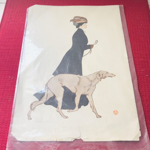 Vintage print Art Deco Woman with Greyhound collectible wall decor unframed 10 1/2 x 14 farmhouse 1930's The morning stroll