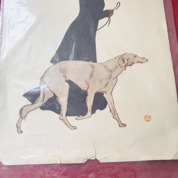 Vintage print Art Deco Woman with Greyhound collectible wall decor unframed 10 1/2 x 14 farmhouse 1930's The morning stroll