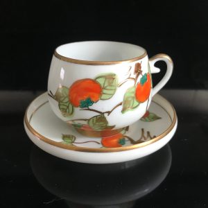 Vintage Demitasse tea cup and saucer Japan with Lithophane Orange gold green unique round cup collectible farmhouse bridal wedding