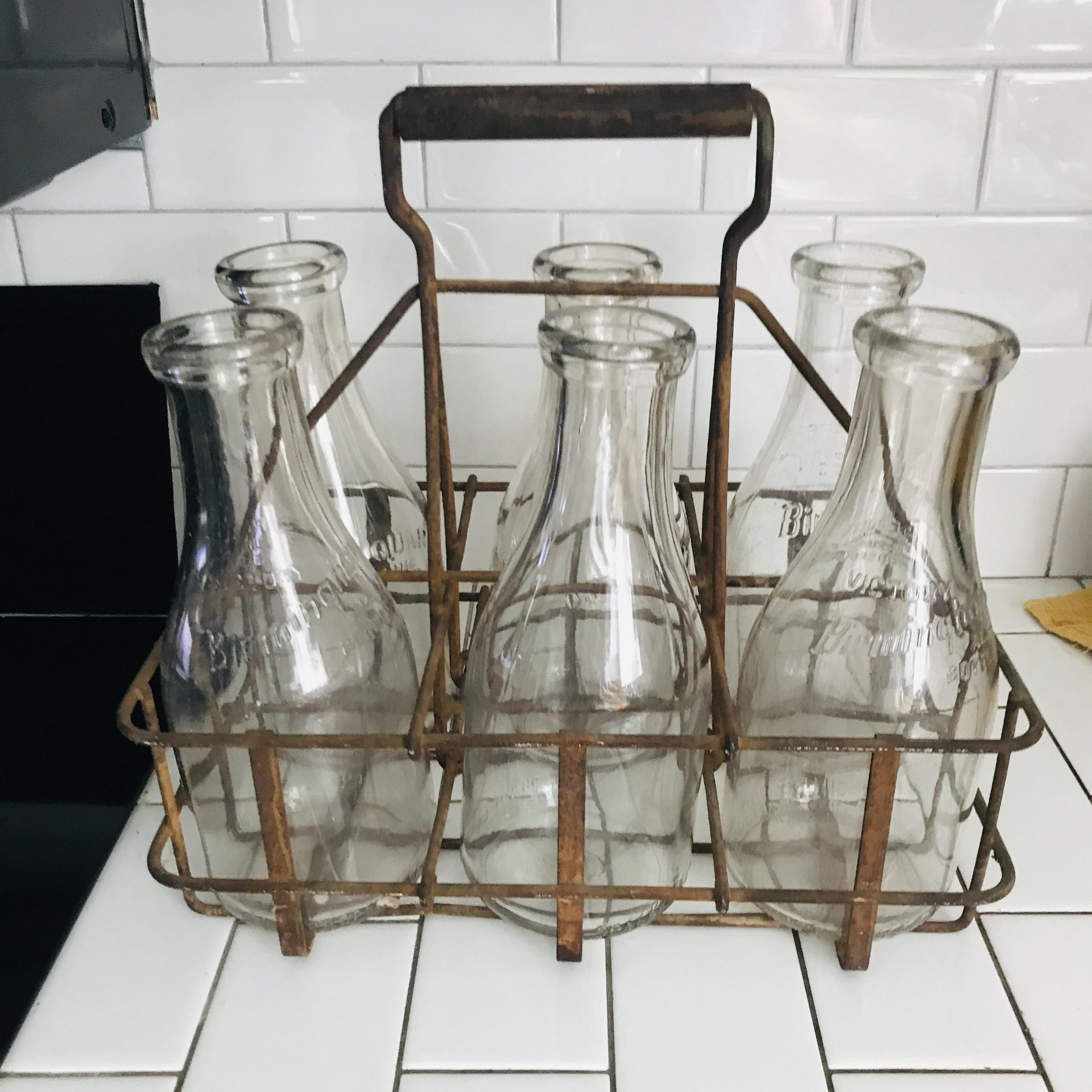 6 Glass Milk Bottles in Metal Carrier - Wholesale Flowers and Supplies