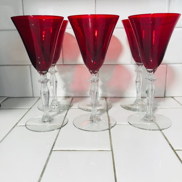 Vintage Set of 6 Wine Glasses Red with clear stems Fine dining elegant dining collectible home decor display glass stemware