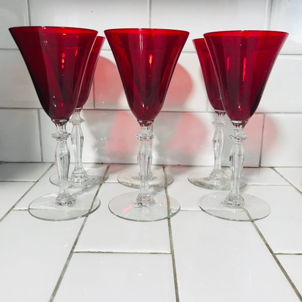 Vintage Set of 6 Wine Glasses Red with clear stems Fine dining elegant dining collectible home decor display glass stemware