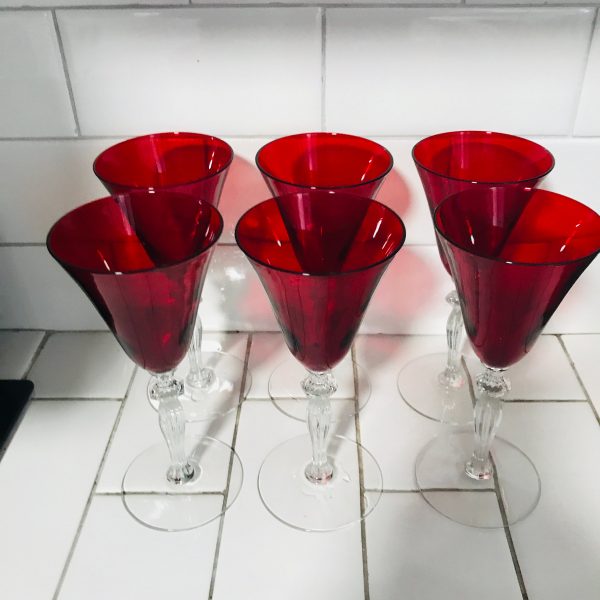 Vintage Set of 6 Wine Glasses Red with clear stems Fine dining elegant dining collectible home decor display glass stemware