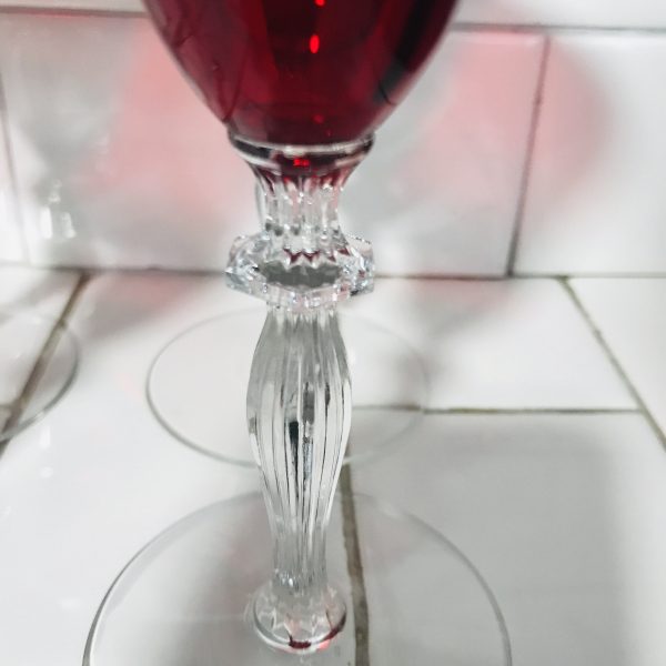 Vintage Set of 6 Wine Glasses Red with clear stems Fine dining elegant dining collectible home decor display glass stemware