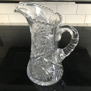 Antique American Brilliant Cut glass pitcher Beautiful large cut rim and handle Mint condition 11" tall collectible display elegant