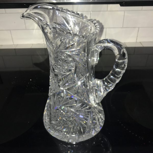 Antique American Brilliant Cut glass pitcher Beautiful large cut rim and handle Mint condition 11" tall collectible display elegant