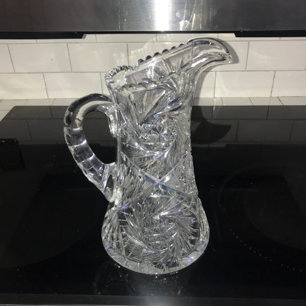 Antique American Brilliant Cut glass pitcher Beautiful large cut rim and handle Mint condition 11" tall collectible display elegant