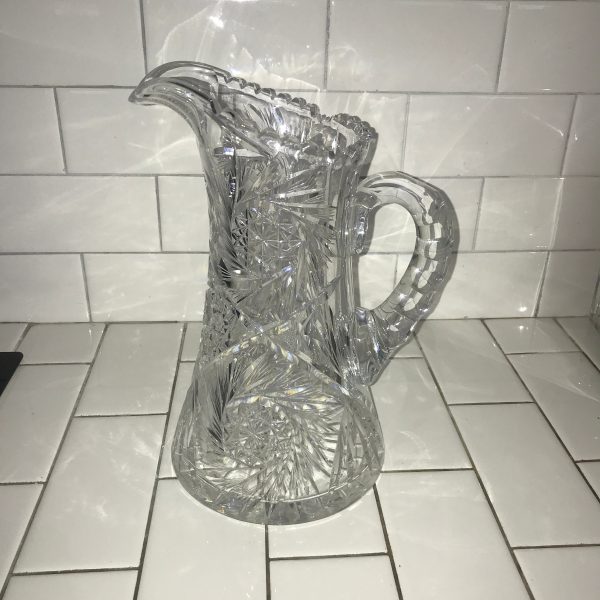 Antique American Brilliant Cut glass pitcher Beautiful large cut rim and handle Mint condition 11" tall collectible display elegant