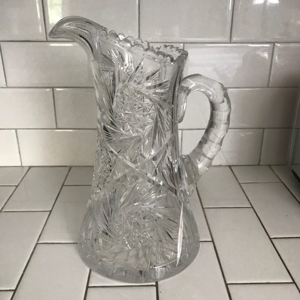 Antique American Brilliant Cut glass pitcher Beautiful large cut rim and handle Mint condition 11" tall collectible display elegant