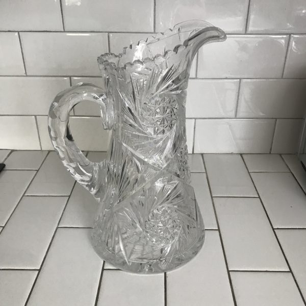 Antique American Brilliant Cut glass pitcher Beautiful large cut rim and handle Mint condition 11" tall collectible display elegant