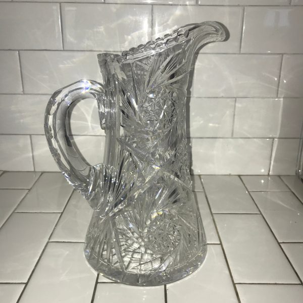 Antique American Brilliant Cut glass pitcher Beautiful large cut rim and handle Mint condition 11" tall collectible display elegant